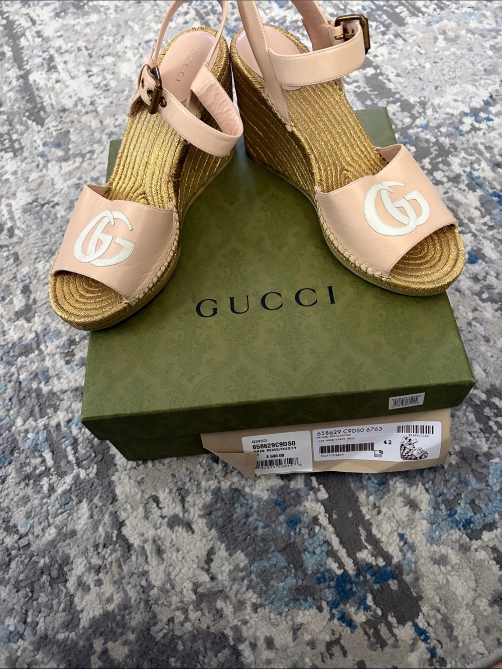 Gucci Pink Leather Espadrille Wedge Sandals with Gold Rope Platform